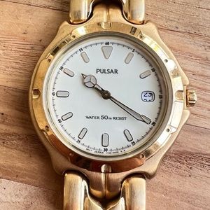 Vintage 90s Pulsar mens gold tone dress watch NEW BATTERY